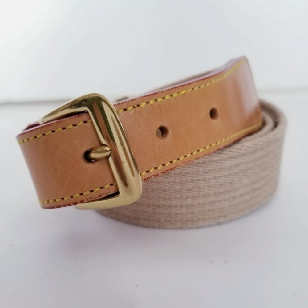 Dooney & Bourke Sz 32 USA Tan Leather Woven Belt 28" - 32" Solid Brass Buckle
